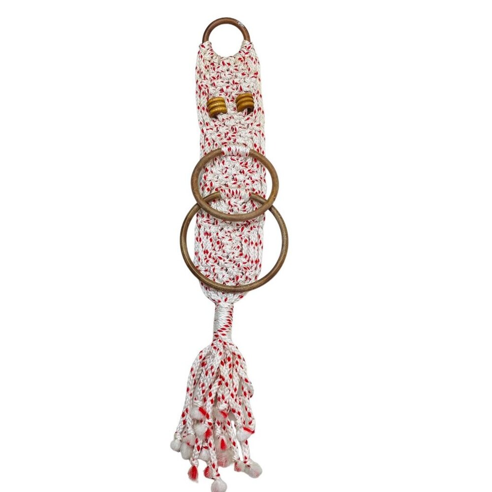 Vintage Macrame Wall Hanging Towel Holder 26" Red & White Wooden Rings 70s Decor